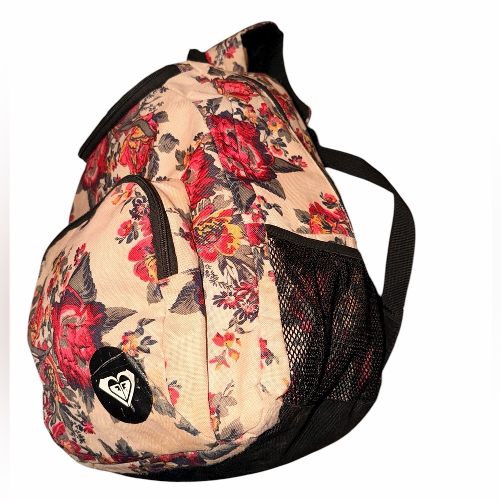 Vintage Floral Pattern Roxy Large Canvas Backpack (W/ rip in left mesh netting) - Picture 6 of 9